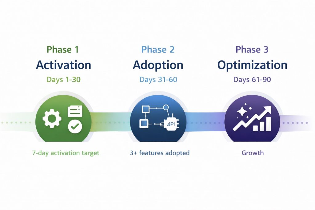 Progressive onboarding timeline showing three phases: Days 1-30 Activation, Days 31-60 Adoption, Days 61-90 Optimization with key milestones