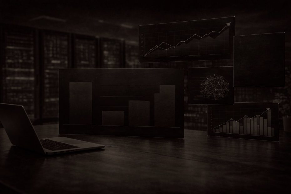 A dark, cinematic banner image featuring a high-tech environment. The scene is tinted blue with futuristic data visualizations, AI training progress bars, and skill mastery trackers glowing on large background screens.