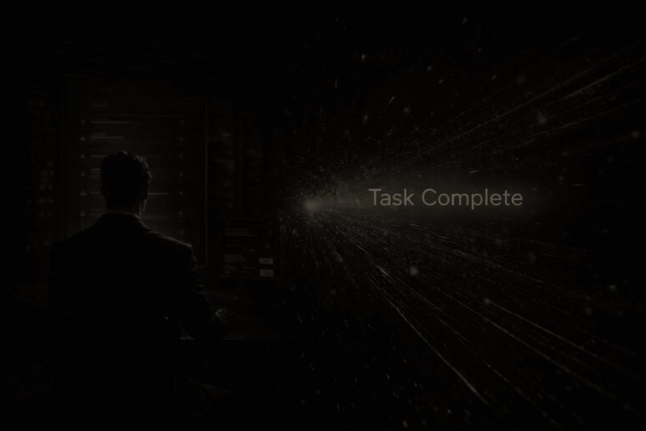 A dark, futuristic banner image featuring a professional at a data console. A glowing search bar in the foreground reads "Task Complete" with a checkmark, set against a backdrop of high-speed digital light trails, symbolizing accelerated customer activation velocity.