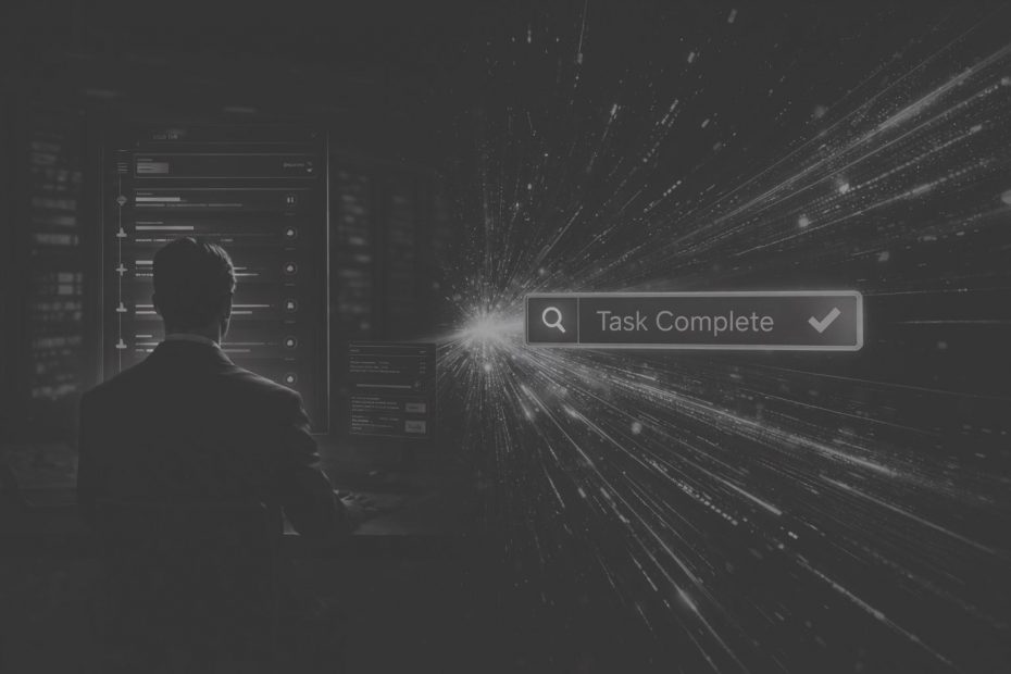 A dark, futuristic banner image featuring a professional at a data console. A glowing search bar in the foreground reads "Task Complete" with a checkmark, set against a backdrop of high-speed digital light trails, symbolizing accelerated customer activation velocity.