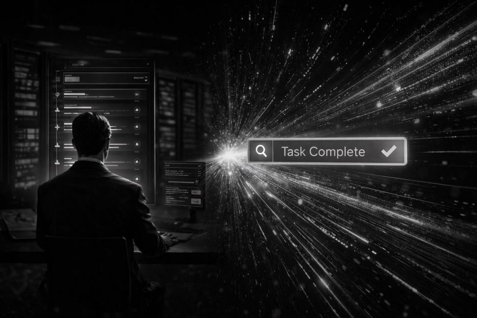 A dark, futuristic banner image featuring a professional at a data console. A glowing search bar in the foreground reads "Task Complete" with a checkmark, set against a backdrop of high-speed digital light trails, symbolizing accelerated customer activation velocity.