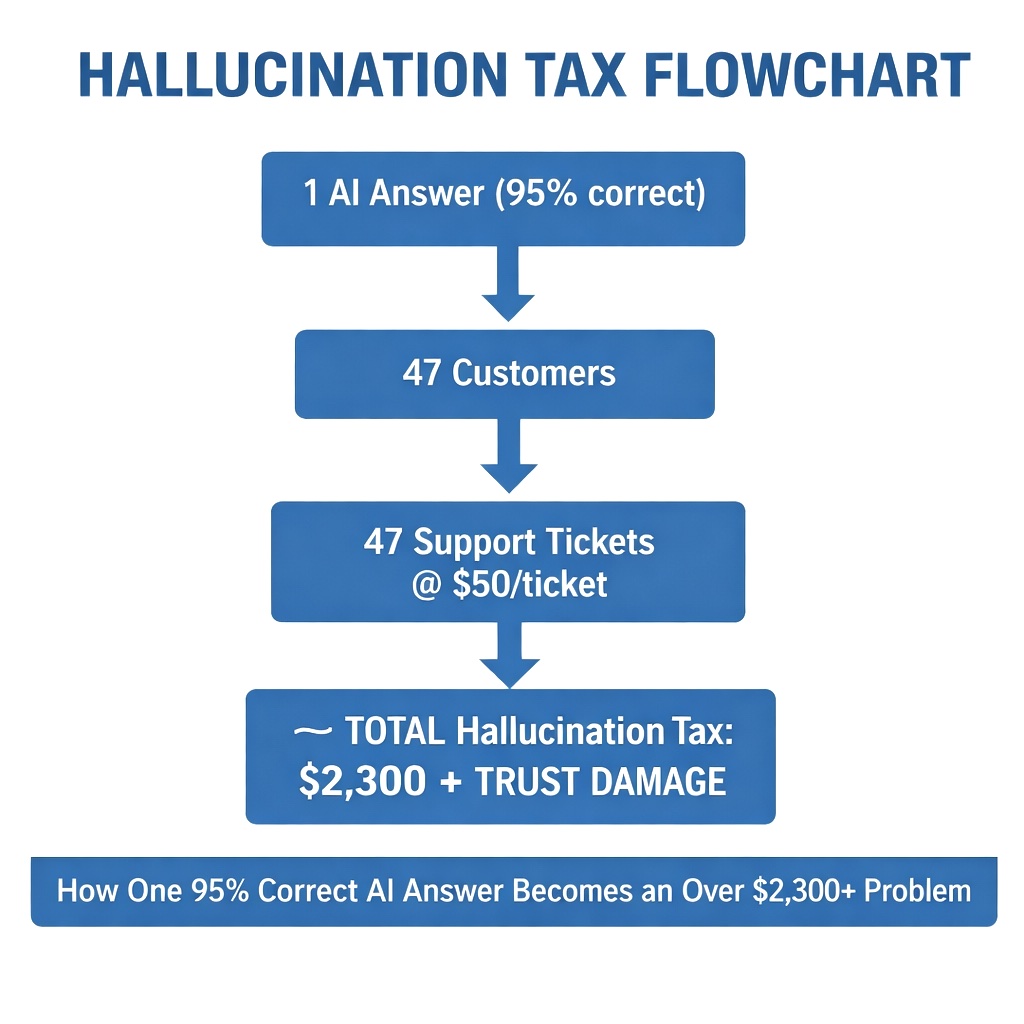 Flowchart demonstrating the AI Hallucination Tax, showing how a single incorrect generative AI response scales into failed software configurations, support tickets, and lost customer trust.