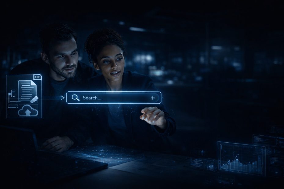 A dark, cinematic banner image featuring a team of professionals in a high-tech office environment. The scene is tinted blue with futuristic data visualizations and progress trackers glowing on background screens, representing a sophisticated, AI-driven training approach.