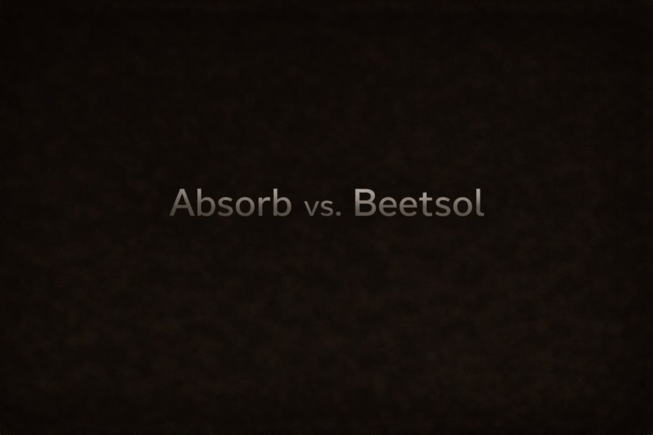 A dark, cinematic banner image featuring a high-tech environment with a monochrome grey and black aesthetic. The scene mentions Absorb vs. Beetsol comparison.