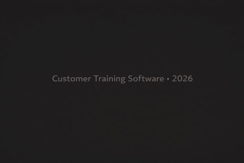 A dark, cinematic banner image featuring a high-tech environment with a monochrome grey and black aesthetic. The scene mentions Customer Training Software in 2026.
