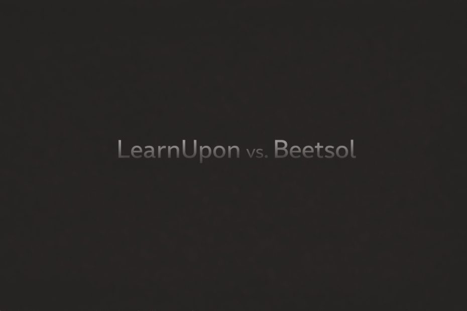 A dark, cinematic banner image featuring a high-tech environment with a monochrome grey and black aesthetic. The scene mentions LearnUpon vs. Beetsol comparison.