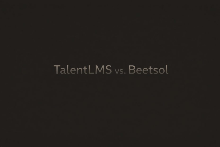 A dark, cinematic banner image featuring a high-tech environment with a monochrome grey and black aesthetic. The scene mentions TalentLMS vs. Beetsol comparison.