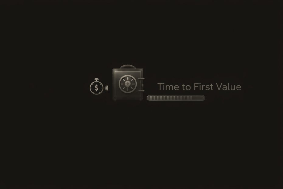 A dark, minimalist visual representing faster Time to First Value through customer enablement. A secure vault icon is connected to a stopwatch and progress bar, symbolizing the accelerated journey from onboarding to meaningful outcomes. The clean, streamlined design highlights how guided enablement and rapid access to knowledge help customers unlock value sooner.