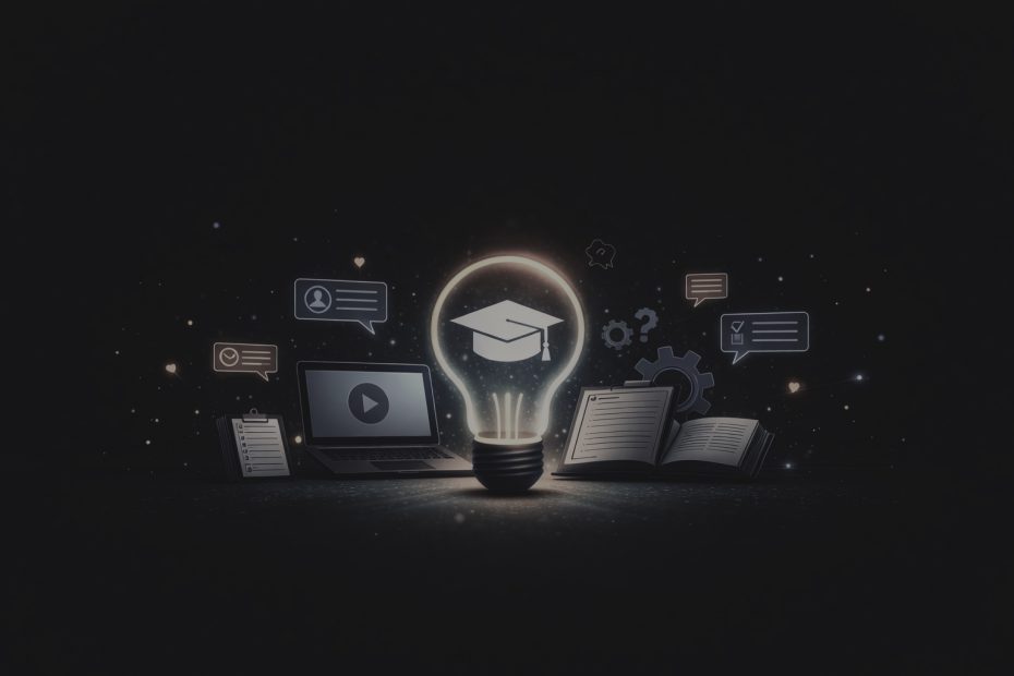 Glowing lightbulb with graduation cap surrounded by laptop, book, and support icons on a dark background representing customer training and self-service learning